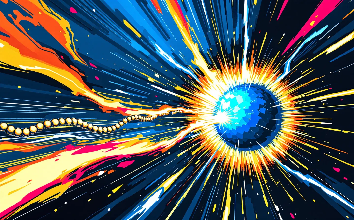 A manga-style action panel of a nine-bead peptide chain powering up — a dim inactive chain on the left transforming into a gold-burst, electric-blue zinc-bound active form on the right with radiating speed lines, on a deep blue-black ground